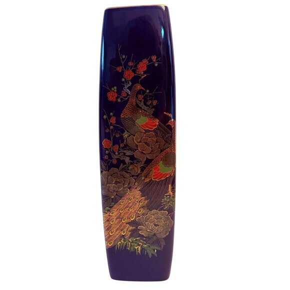 Japanese Peacock Vase Cobalt Blue VTG Tall Square Cylinder Floral Kutani Style - Picture 13 of 16